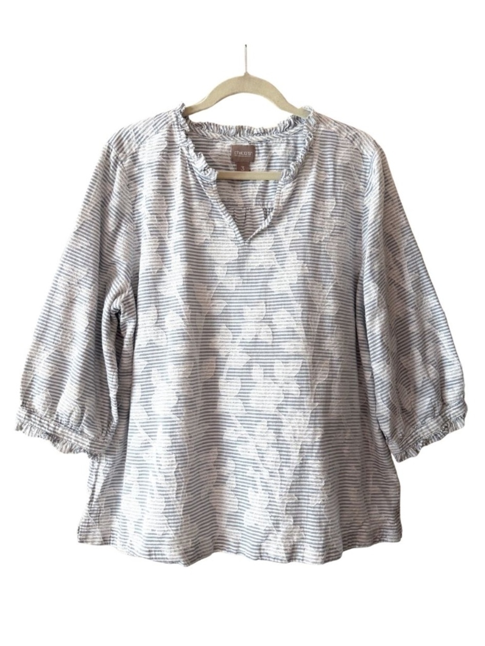 Chico's Floral Stripe Blue Short Sleeve Blouse